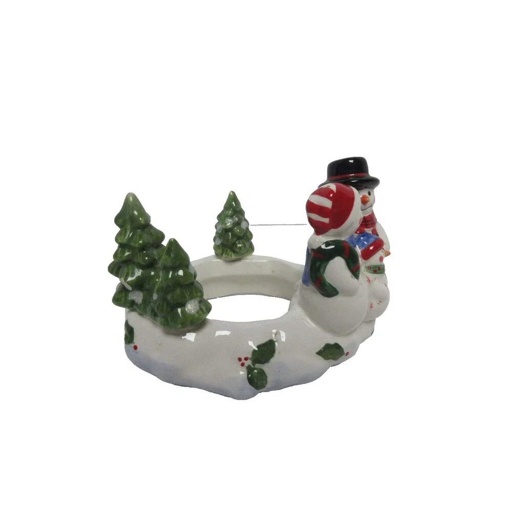 NEW HOME INTERIORS 2 PIECE SNOWMAN DECORATIVE CANDLE JAR TOPPER & BASE HOLDER
